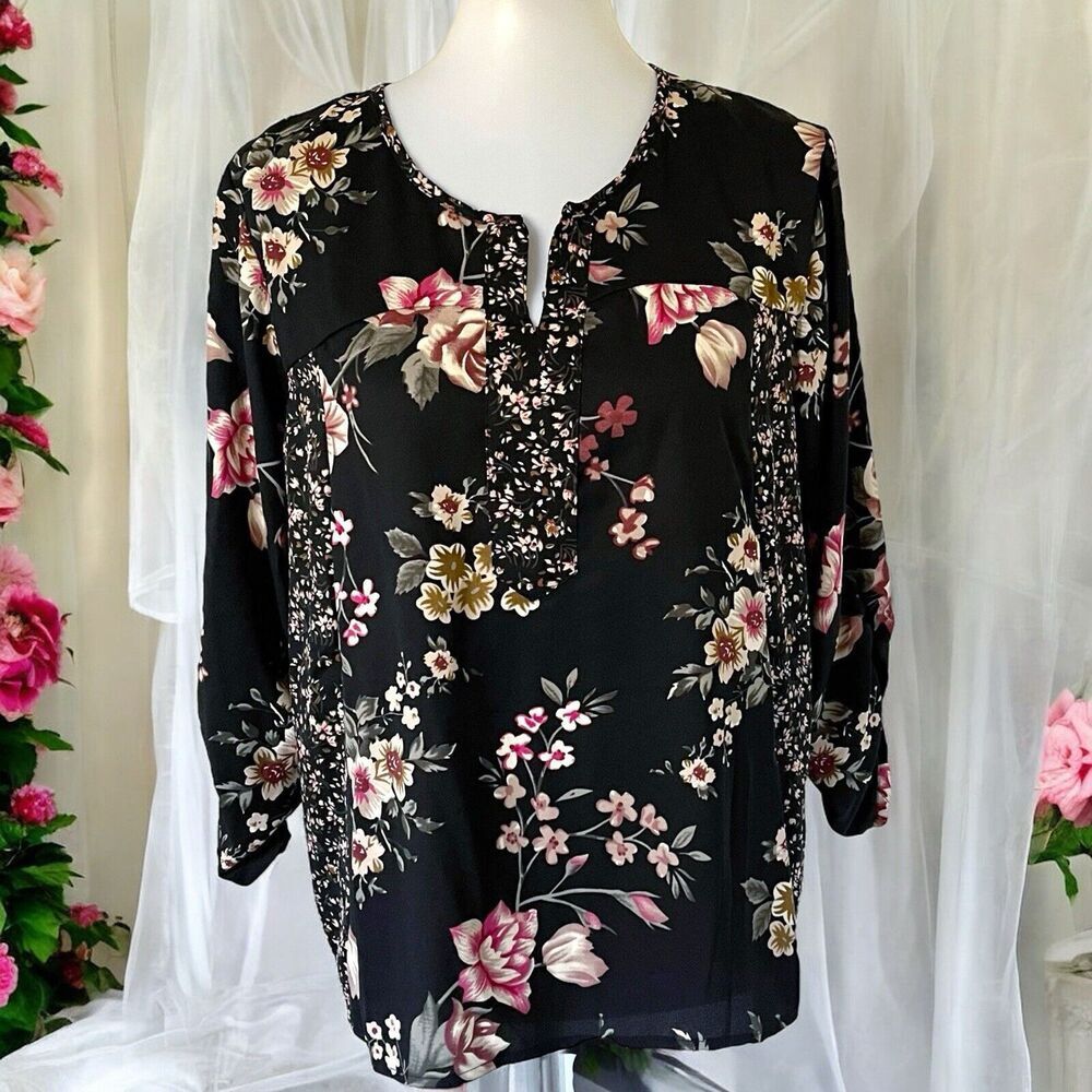 Serengeti Moonlit Black Floral Blouse Top Shirt 3/4 Sleeves High Low Hem M Mediu